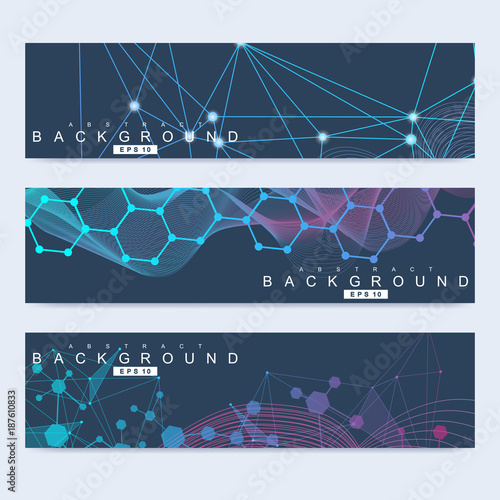 Scientific set of modern vector banners. DNA molecule structure with connected lines and dots. Science vector background. Medical, tecnology, chemistry design.