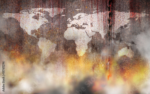 Bloody and white world map background scary old rusty chains hanging on rusted steel wall with fire and smoke, concept of the use of slave labor and holocaust