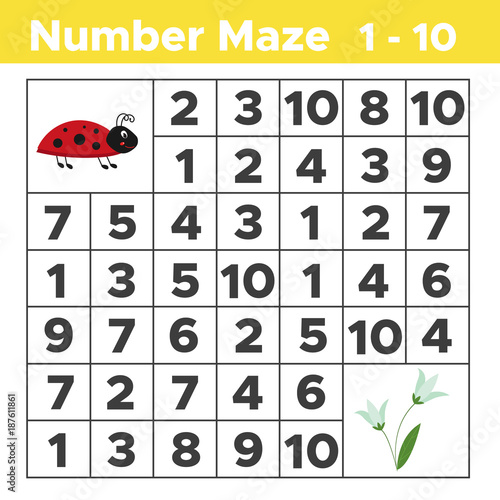 Number maze, math puzzle game for children. Help ladybug find spring flowers. Counting from one to ten. Worksheet for preschool and school kids. Vector illustration.