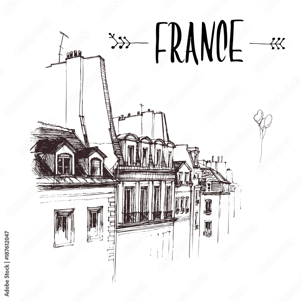 Fototapeta premium Hand drawn The Roof of Paris, roof urban sketch. Hand-drawn book illustration, touristic postcard or poster template in vector