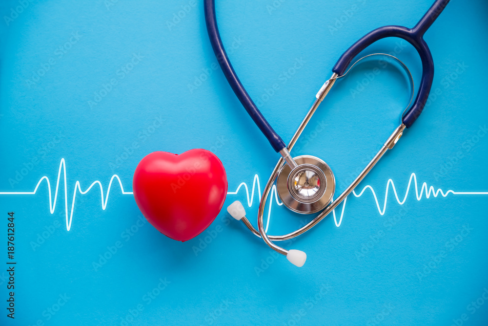 stethoscope and red heart with cardiogram - obrazy, fototapety, plakaty 