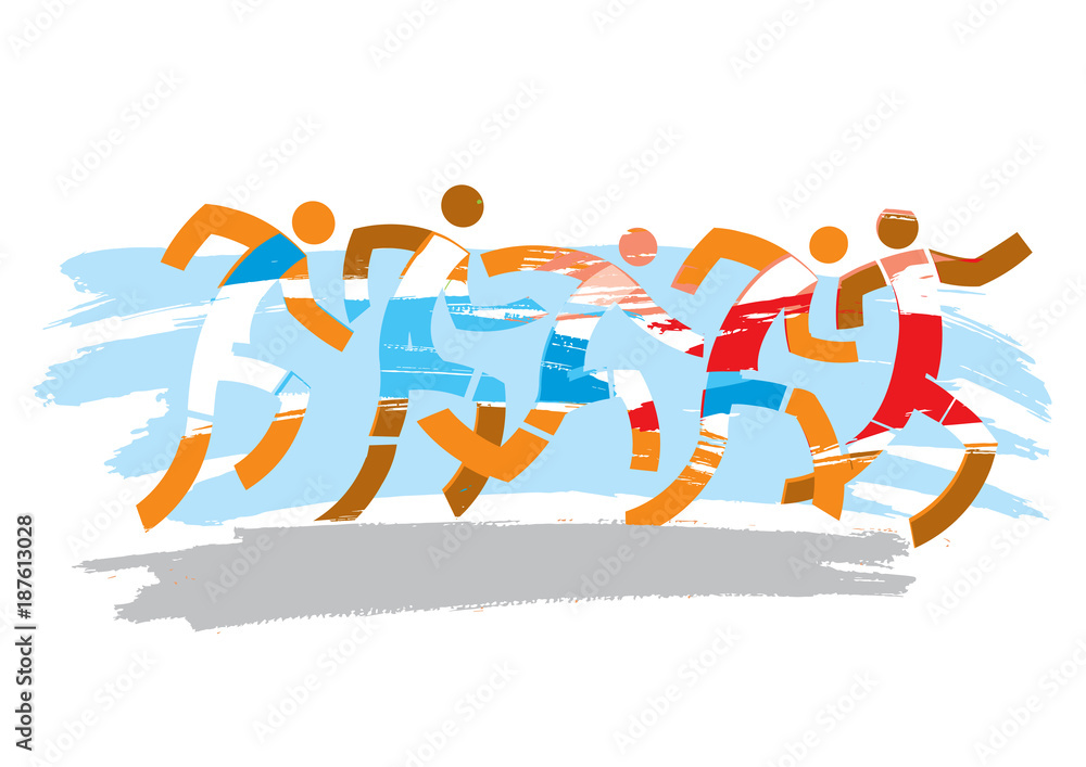 Running race marathon. 
Colorful abstract stylized illustration of ranning race on grunge background. Vector available. 
