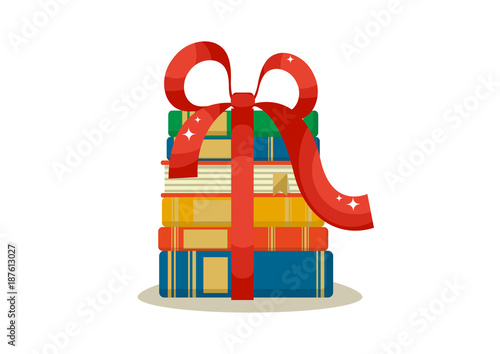 Books gift. Stack of books with ribbon on white background Vector illustration.