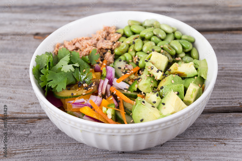 Buddha bowl of mixed vegetable with avocado and tuna Buddha bowl of mixed vegetable with avocado and tuna