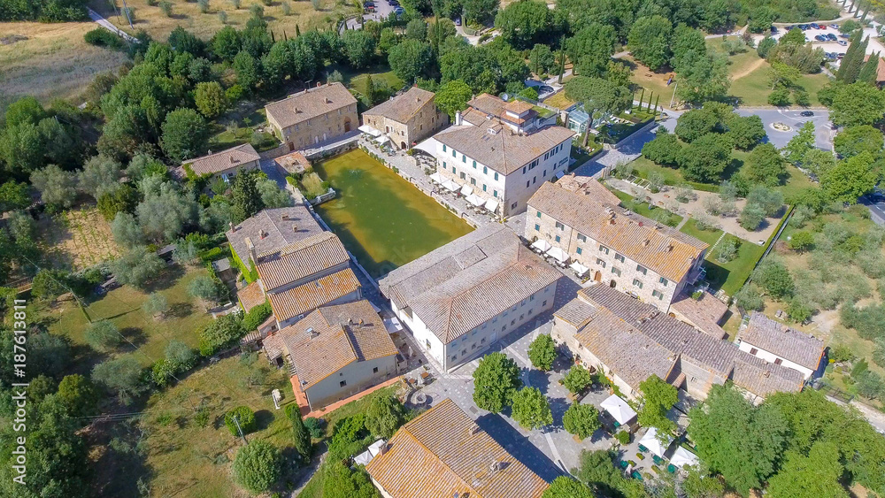 Aerial view of Bagno Vignoni in Tuscany. Bagno Vignoni is a thermal town