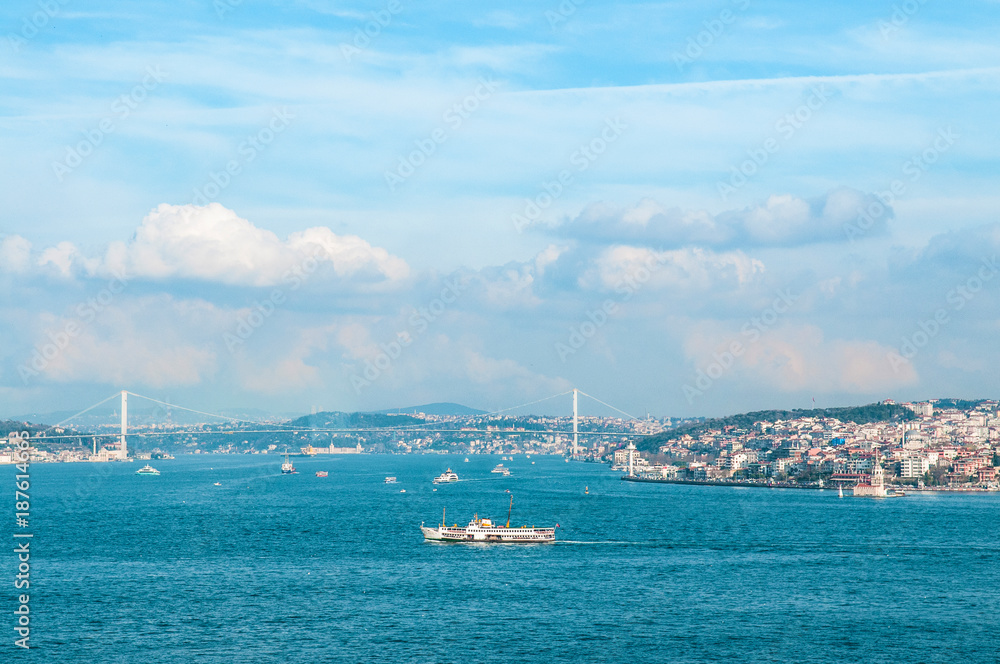 View of Bosphorus strait and Bosphorus bridge, Istanbul, Turkey