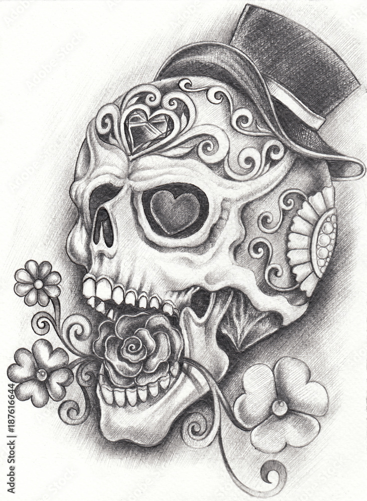 Art Sugar Skull Day of the dead Hand pencil drawing on paper Stock