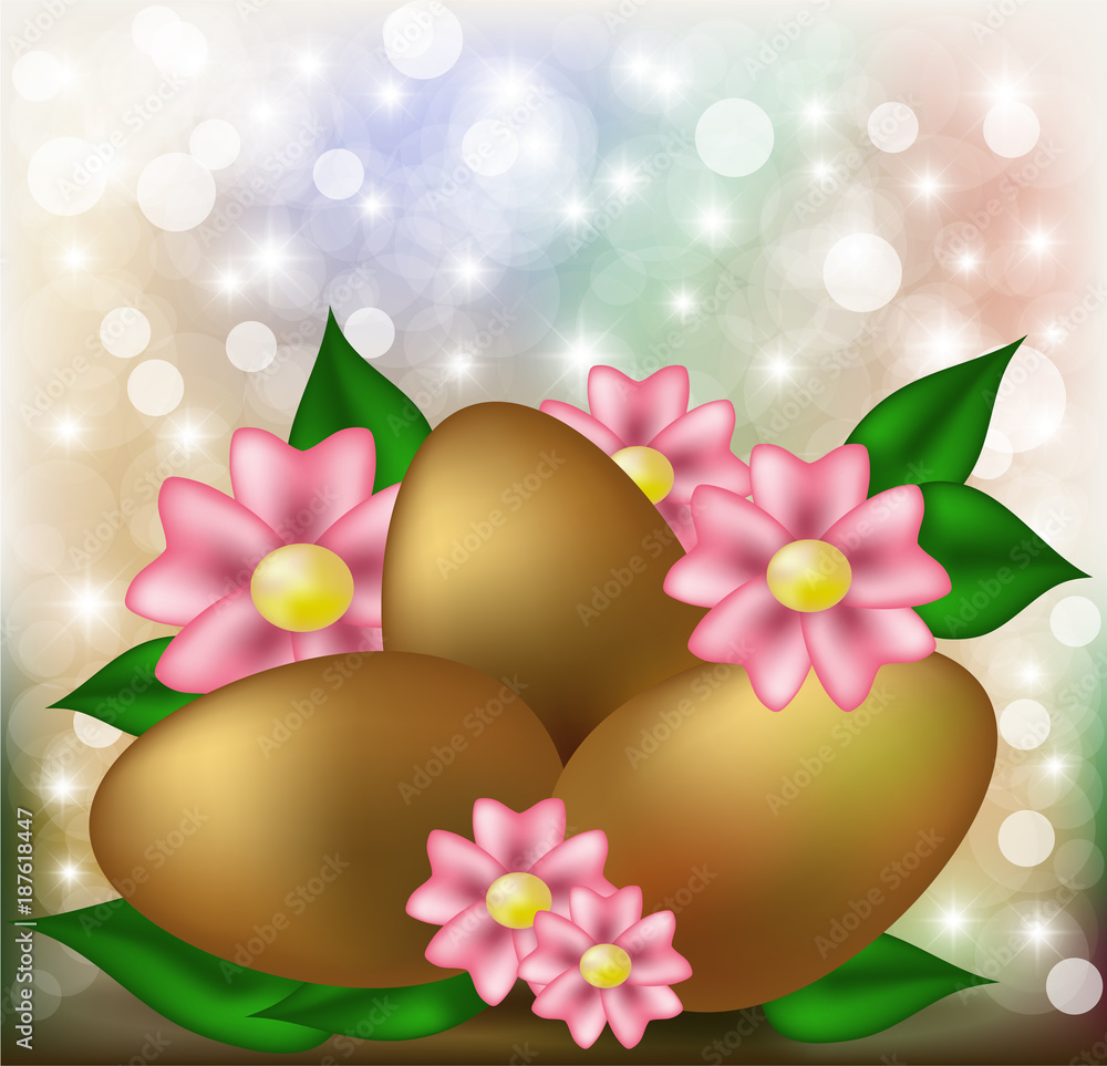 Easter card with golden eggs and flowers, vector illustration Easter card with golden eggs and flowers, vector illustration