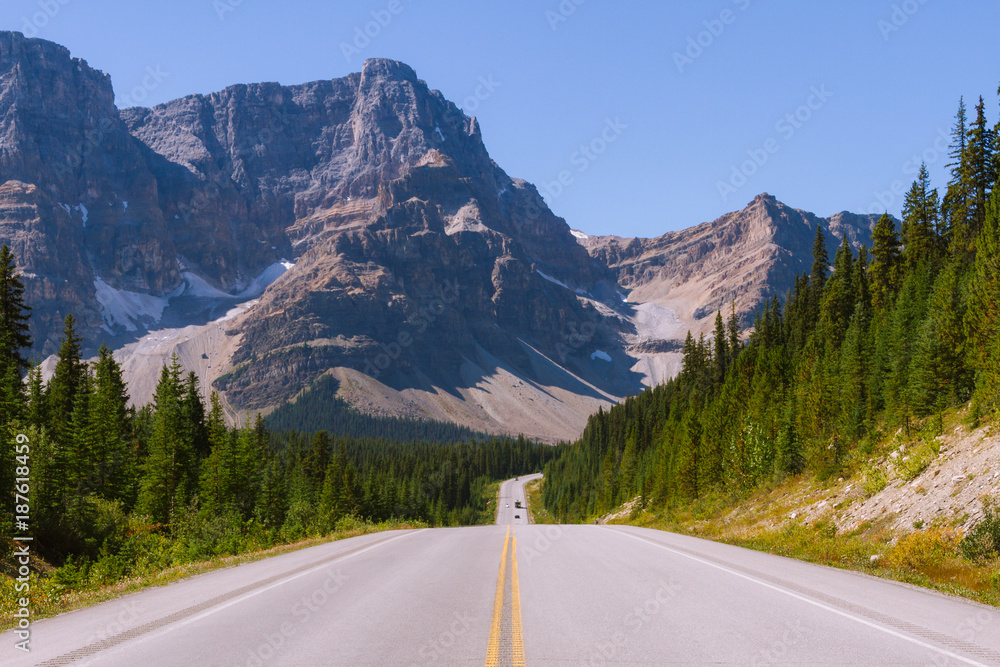 Fototapeta premium Scenic Icefields Parkway highway in Rocky Mountains, Alberta, Canada on sunny day