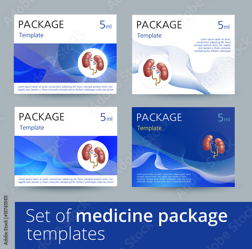 Set of Medicine package template design variations with realistic human kidneys.