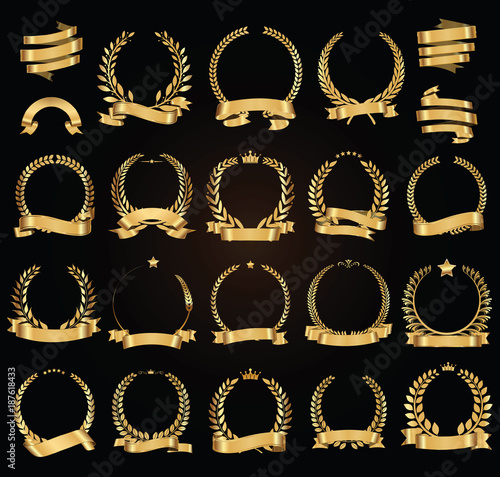 Golden laurel wreath with golden ribbons vector illustration collection