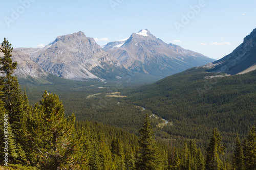 Scenic valley with river in Rocky Mountains in Canada on sunny day