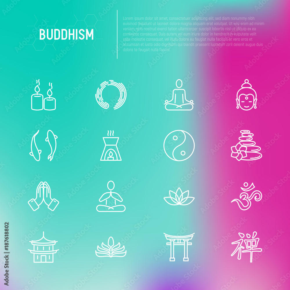 Buddhism thin line icons set: yoga, meditation, Buddha, Yin-Yang, candles, Aum letterm aromatherapy, pagoda, temple. Modern vector illustration. Buddhism thin line icons set: yoga, meditation, Buddha, Yin-Yang, candles, Aum letterm aromatherapy, pagoda, temple. Modern vector illustration.