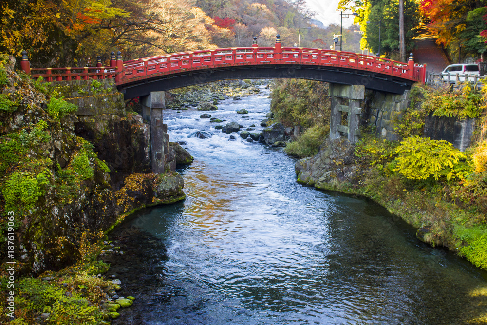 The Shinkyo Bridge or Sacred Bridge, one of the most famous landmarks in Nikko, Japan, part of Futarasan jinja Shinto shrine and a World Heritage Site since 1999 The Shinkyo Bridge or Sacred Bridge, one of the most famous landmarks in Nikko, Japan, part of Futarasan jinja Shinto shrine and a World Heritage Site since 1999