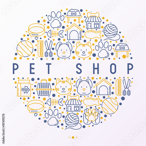Pet shop concept in circle with thin line icons: cat, dog, collar, kennel, grooming, food, toys. Modern vector illustration, web page template.