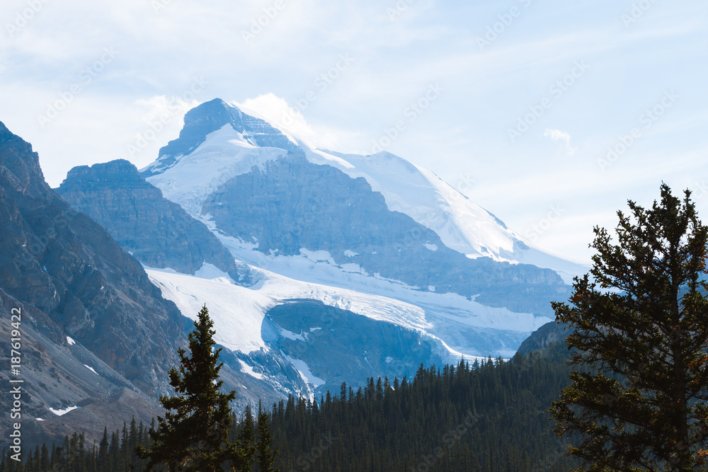 Fototapeta premium Mountains with glacier in Rocky Mountains, Alberta on sunny day