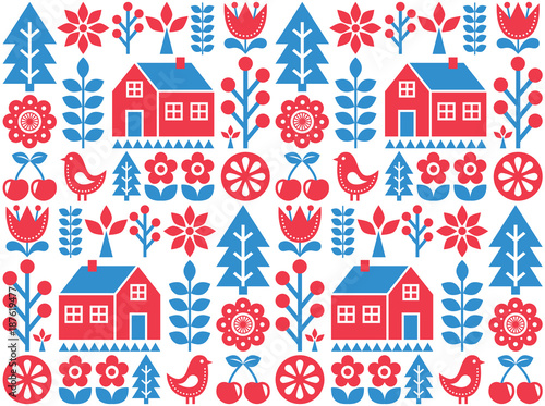 Nordic, Scandinavian inspired folk art seamless pattern - Finnish vector design in blue and red © redkoala