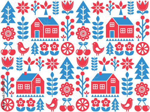 Nordic, Scandinavian inspired folk art seamless pattern - Finnish vector design in blue and red