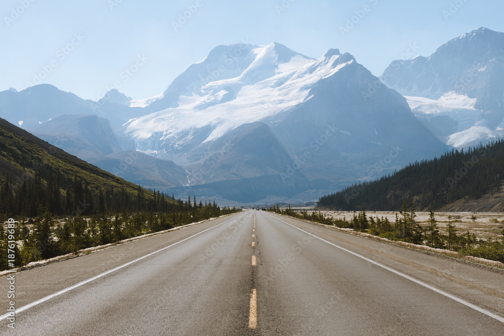 Scenic Icefields Parkway highway in Rocky Mountains, Alberta, Canada on sunny day