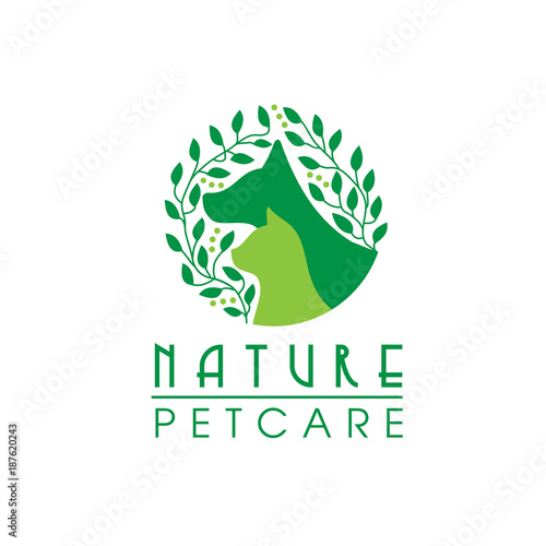 natural pet care logo, Pet and eco symbol logo, leaf dog and cat logo,Unique pet and organic logotype design template.