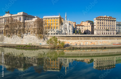 Rome (Italy) - The monumental Lungotevere in historic center of Rome. Here in particular the gothic church named 'Chiesa del Sacro Cuore del Suffragio'