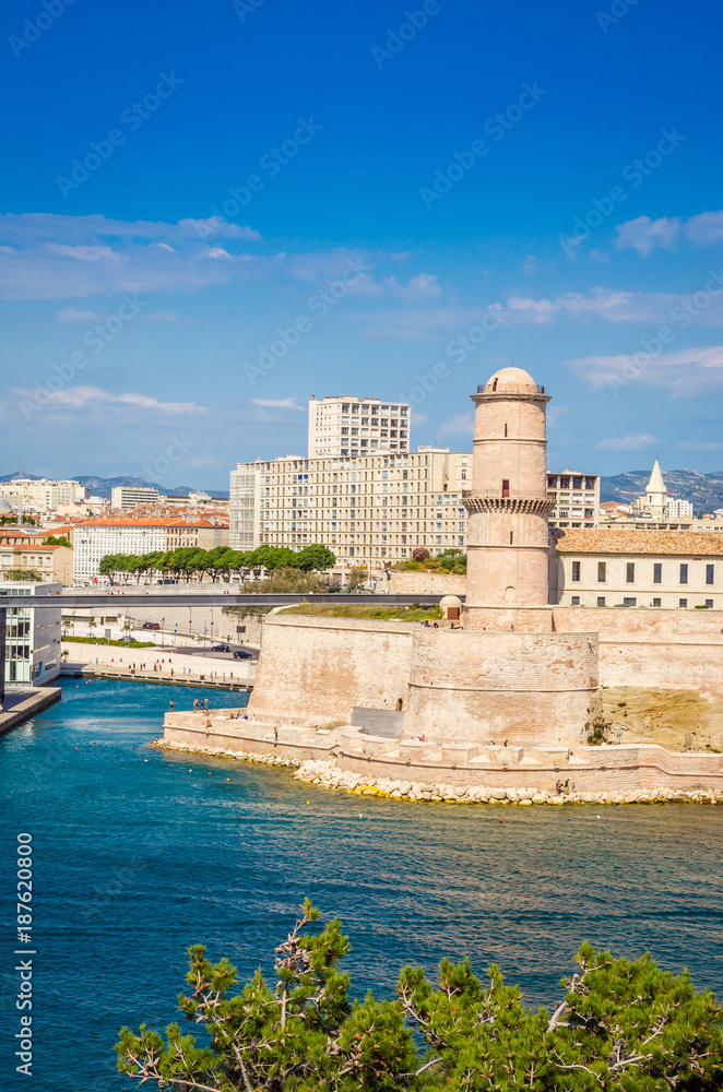 Saint Jean Castle and Cathedral de la Major and the old Vieux port in Marseille, France