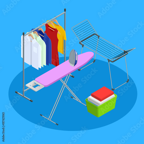 Isometric iron, ironing board and laundry basketf flat style vector illustration isolated on white background.