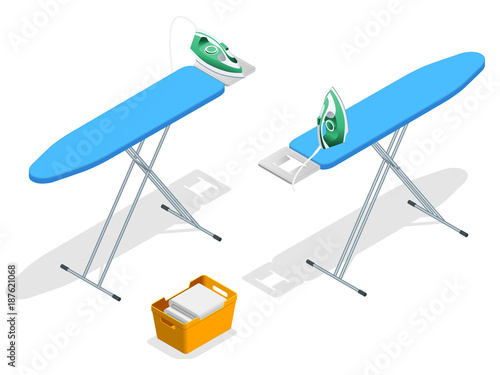 Isometric iron, ironing board and laundry basketf flat style vector illustration isolated on white background.