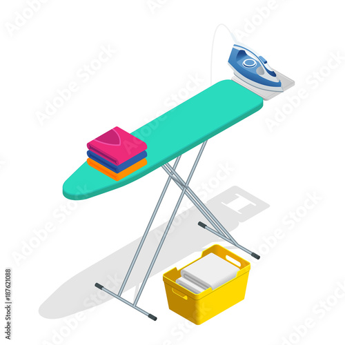 Isometric iron, ironing board and laundry basketf flat style vector illustration isolated on white background.