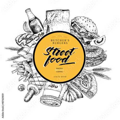 Hand drawn fast food banner. Street food bakery. Burger, hot dog, soda, french fries, pizza, coffee, bagels. engraved vector illustration. restaurant, menu, street food, bakery, cafe logo flyer