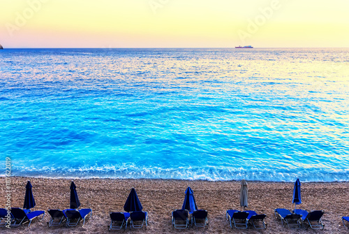 Sunbeds in front the sea at Porto Katsiki Beach in Lefkada Island  Greece