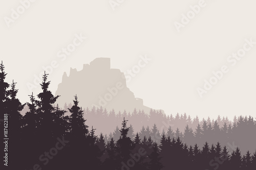 Vector illustration of a landscape with a forest and a ruin