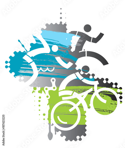 Triathlon race Iron Man.
Three triathlon athletes on the grunge background. Vector available. 