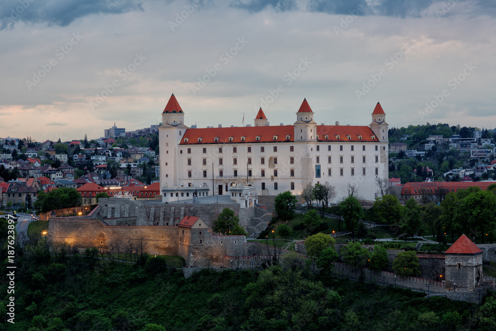 Medieval castle on a hill in Bratislava in sunset, Slovakia
