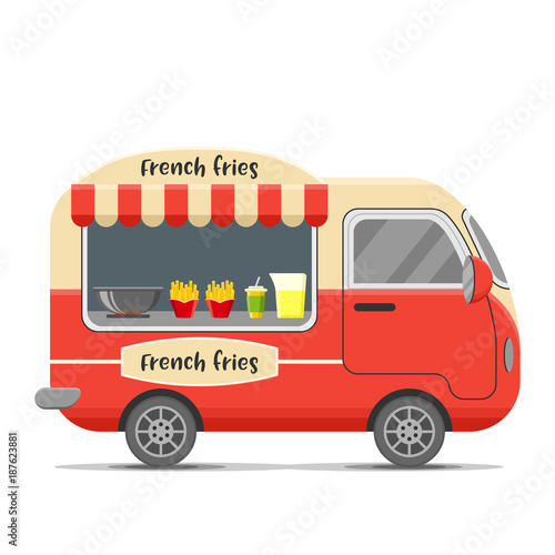 French fries street food caravan trailer. Colorful vector illustration, cute style, isolated on white background