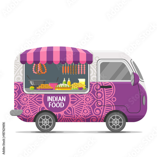 Indian street food caravan trailer. Colorful vector illustration, cartoon style, isolated on white background