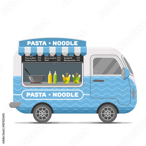 Pasta and noodle street food caravan trailer. Colorful vector illustration, cartoon style, isolated on white background