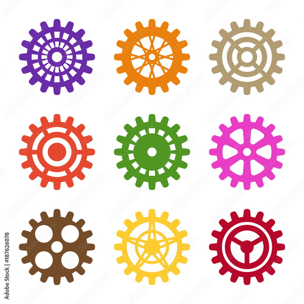 Cogwheel collection machine gear. Set of gear wheels. Vector illustration.