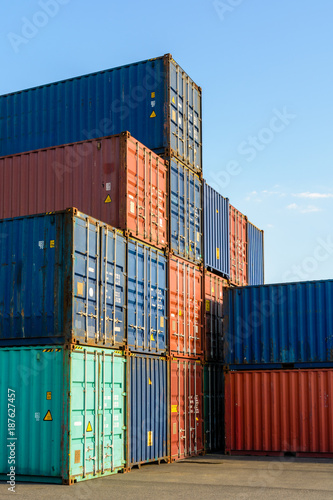 Dozens of dry cargo containers stacked in an intermodal terminal on the river Marne in the inner suburbs of Paris.