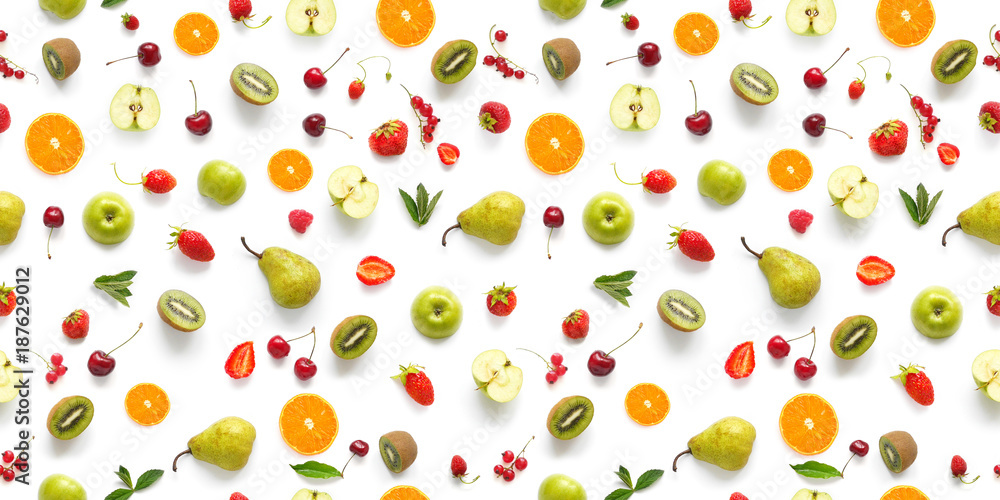 Food texture. Seamless pattern of fresh  various fruits. Pears, apples, slices of tangerines, kiwi, berries isolated on white background, top view, flat layout.