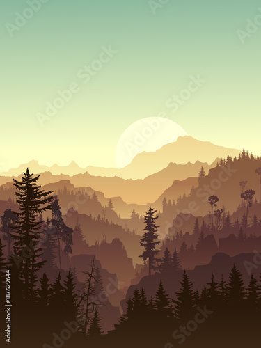 Vertical illustration of twilight in forest hills.