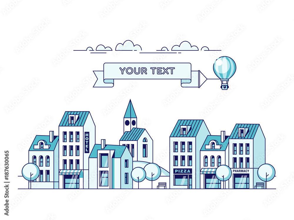 Cityscape and air balloon with message on banner. Vector illustration.