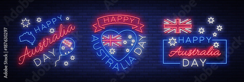 Happy Australia on January 26, a set of festive elements in the neon style. Collection of neon signs, ribbon with national colors. Layout of the template for card, banner, poster, flyer, card. Vector
