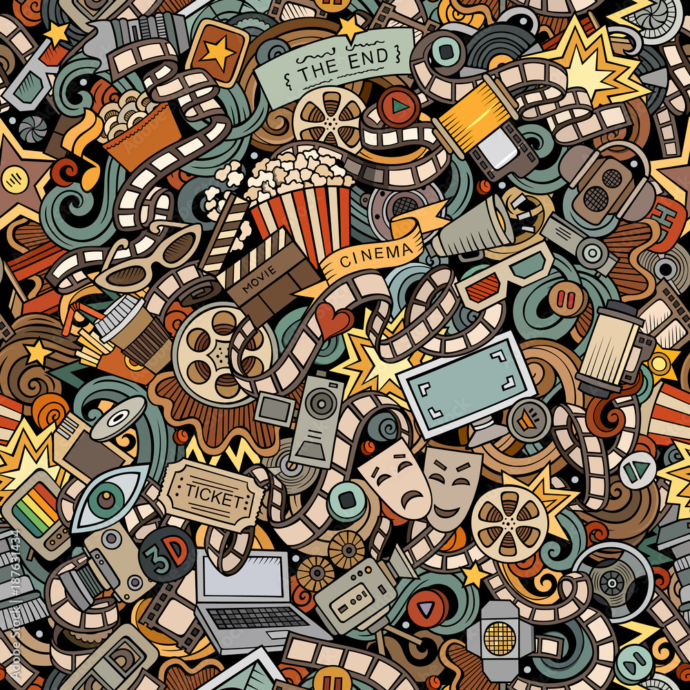 Obraz premium Cartoon cute doodles Cinema seamless pattern