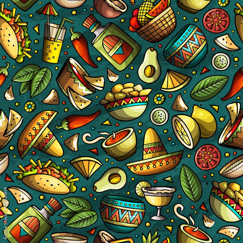 Fototapeta premium Cartoon hand-drawn latin american, mexican seamless pattern