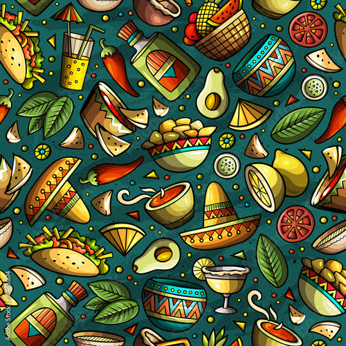 Cartoon hand-drawn latin american, mexican seamless pattern