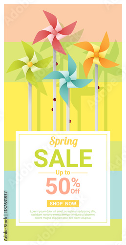 Spring sale banner with colorful pinwheels , vector , illustration