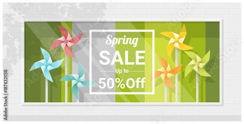 Spring sale window display with colorful pinwheels background , vector , illustration