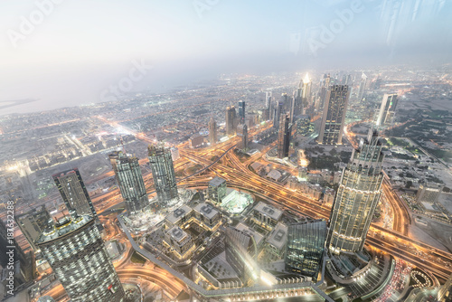 Aerial view of Downtown Dubai at night