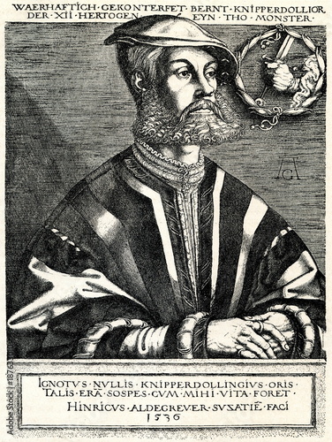 Bernhard Knipperdolling, vice-king and executer of Münster Anabaptists;  engraved by Heinrich Aldegreve (from Spamers Illustrierte  Weltgeschichte, 1894, 5[1], 339)